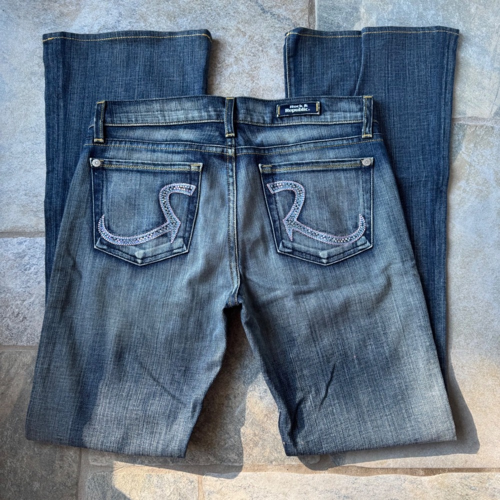 Y2K Rock & Republic Low Rise Jeans Sequin Pocket Bootcut Size 28 30.25" Inseam